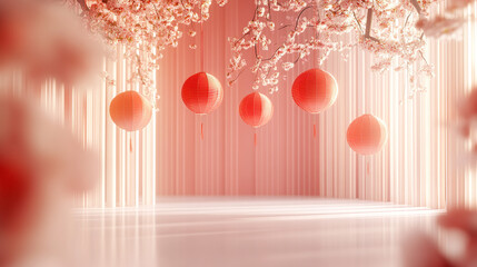 3D rendering, New Year atmosphere background, light pink and red color scheme, hanging lanterns on the wall