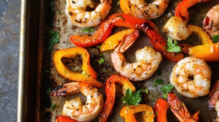 Grilled Shrimp with Colorful Bell Peppers on a Baking Sheet