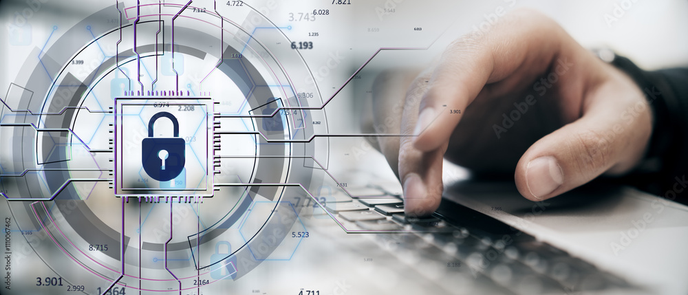 Poster cybersecurity concept with lock icon and hand typing on keyboard.
