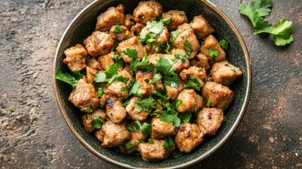 Tender Meat Chunks Garnished with Fresh Herbs in a Rustic Bowl