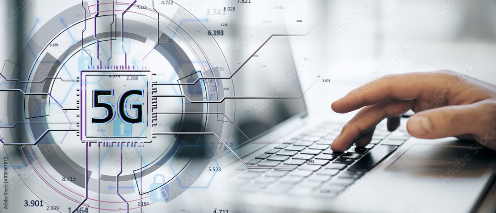 Poster futuristic 5g technology interface with a hand typing on a laptop keyboard in a modern digital backg