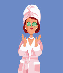Woman Relaxing with Beauty Treatment Wearing a Robe Vector Character. Cheerful lady pampering herself with rejuvenation skin care routine
