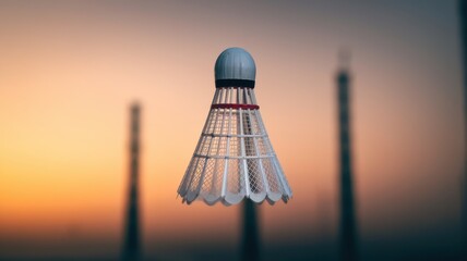 Miniature white satellite dish-like object floating against warm sky tones