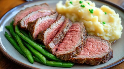 Fototapeta premium Sliced Roast Beef with Mashed Potatoes and Green Beans on Plate