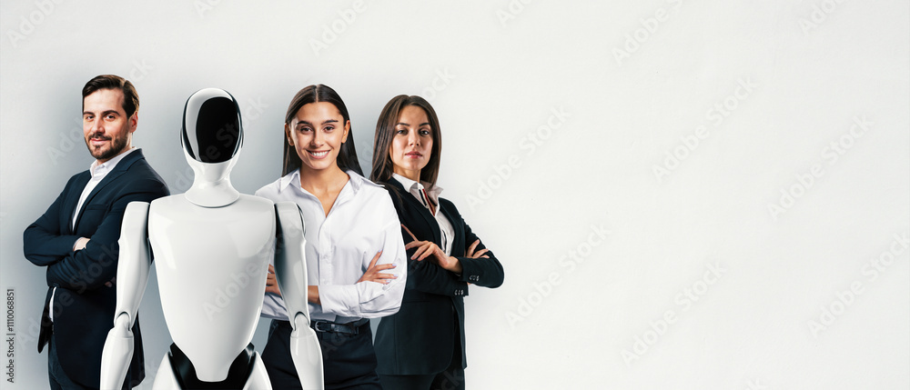 Poster group of professionals with a humanoid robot posing confidently on a neutral background. concept of 