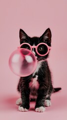 Fototapeta premium Black-and-white kitten in pink sunglasses blowing bubble on pink gradient
