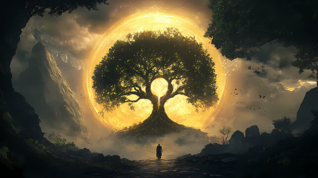 An esoteric concept linking karma and ancient incarnations with the sacred tree of life as the gate into the afterlife. Sacred. Illustration