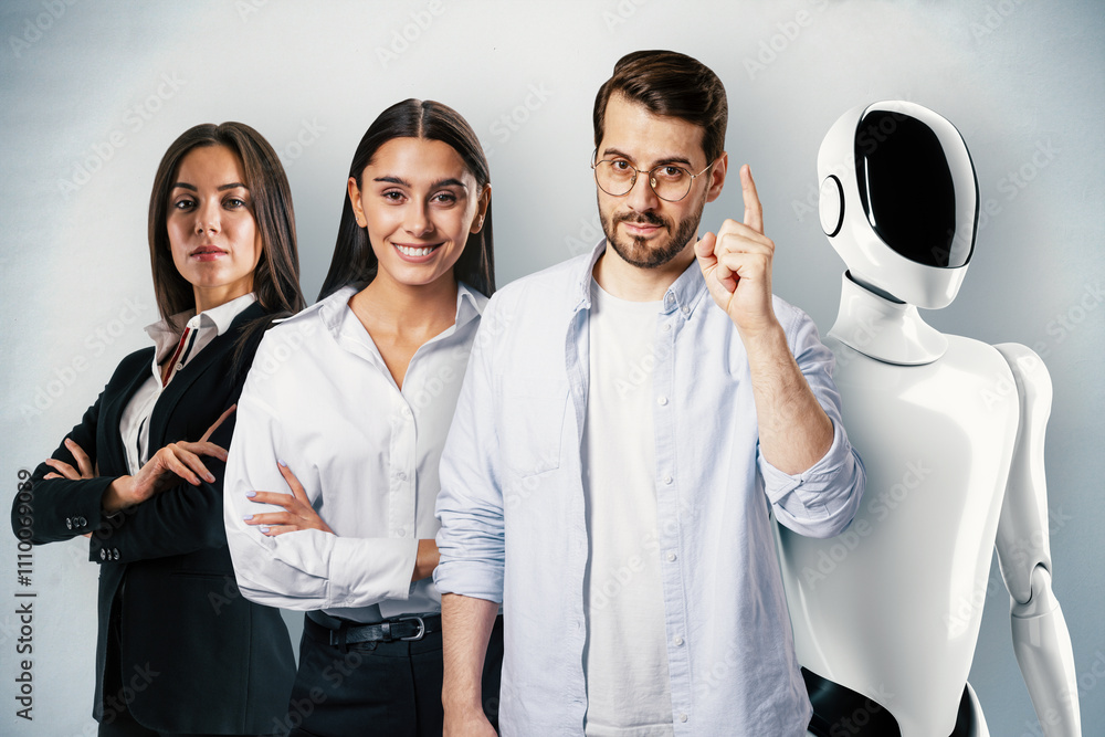 Aufkleber Business team with a robot in a modern concept of teamwork and technology.