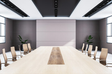 Modern boardroom interior with a large wooden table, sleek chairs, and decorative plants. 3D Rendering