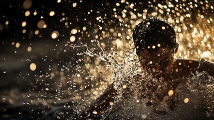 Man submerged in water, splashing, backlit with bokeh.