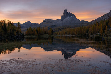 Stunning landscape of Federa lake in autumn, Dolomite Italy.