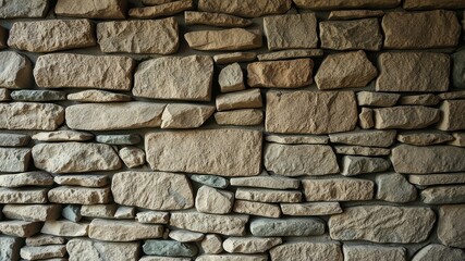 Fototapeta premium A rustic stone wall with a mixture of sizes and shapes, showcasing the natural beauty and texture of stone.