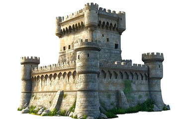 A medieval-style stone castle with towers and battlements, showcasing architectural design.