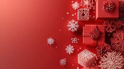Red background with snowflake elements, red gift boxes on the right side of the image