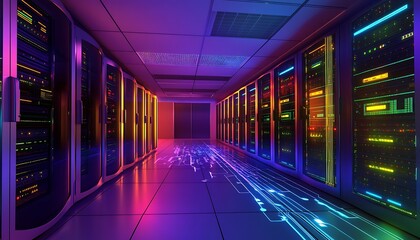 Illuminated Server Room Corridor Showing Network Technology