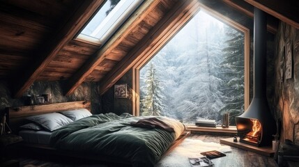 Cozy Cabin Bedroom with Stunning Winter Forest View and Fireplace