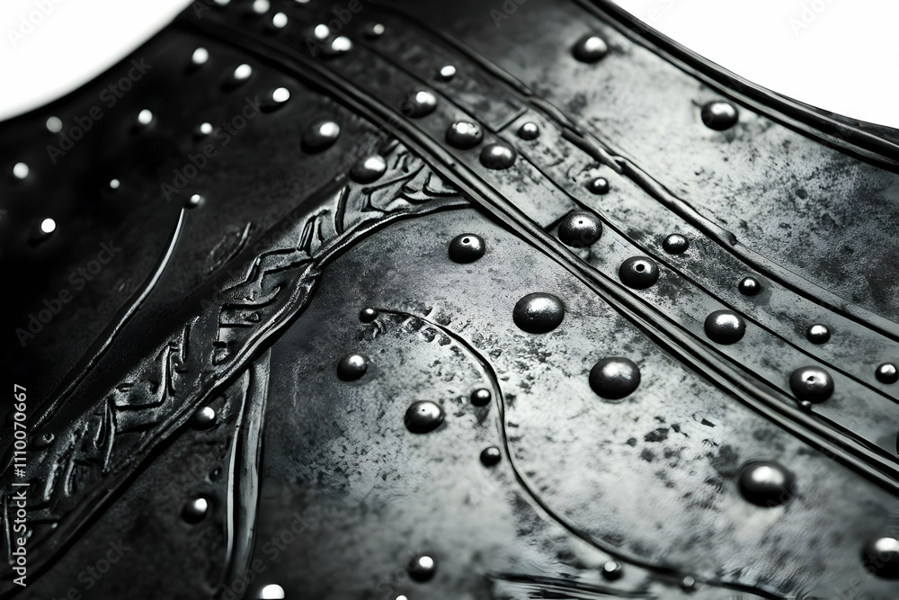 Poster close-up of a textured metallic surface with decorative patterns and raised elements.