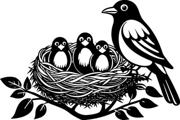 Bird family in nest vector art illustration
