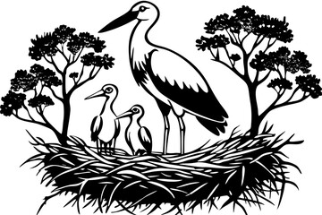Bird family in nest vector art illustration