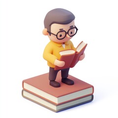 3D cartoon man reading a book.