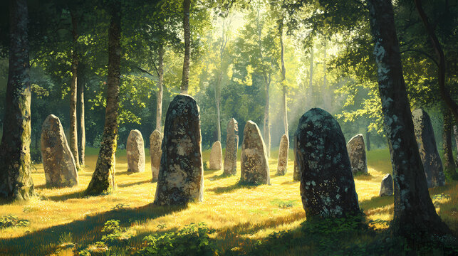 A mystical scene of a druids sacred grove filled with ancient standing stones. druid grove. illustration. Sacred. Illustration