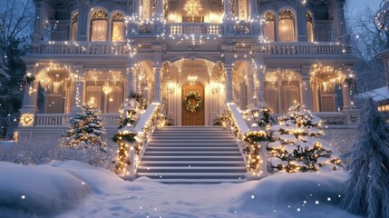 A stately Victorian home with white and gold Christmas lights, a front porch decorated for the season, and snow-covered steps leading to the front door.