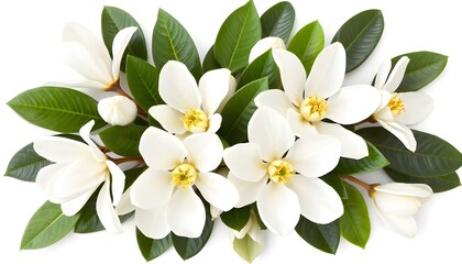 A bouquet of white magnolia flowers with green leaves, arranged in a horizontal composition on white background