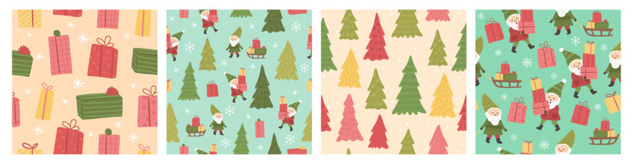 Collection of Winter Christmas seamless pattern of  elf, tree and gifts vector illustration