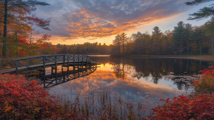 Autumn nature landscape. Lake bridge in fall forest. Path way in gold woods. Romantic view image scene. Magic misty sunset pond. Red color tree leaf park. Calm bright light, city sunrise, sunlight sun