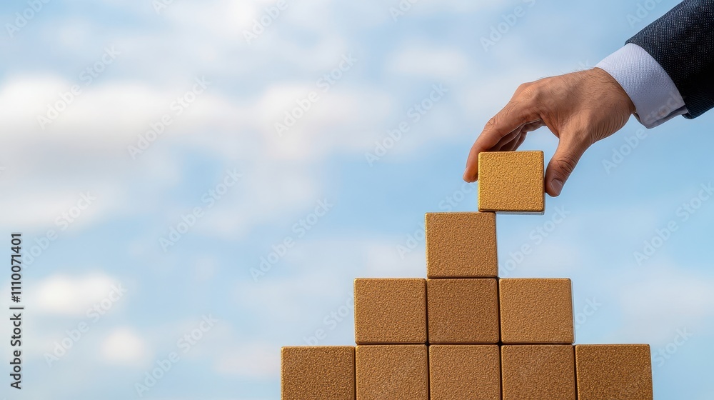 Aufkleber business planning is the foundation of success, like a hand placing each building block with precisi