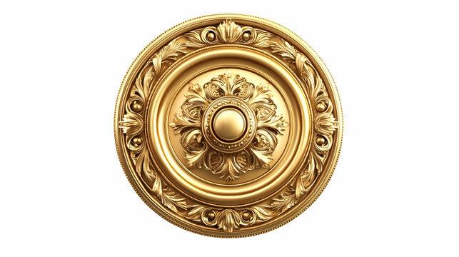 A decorative golden medallion featuring intricate floral designs and a central knob.