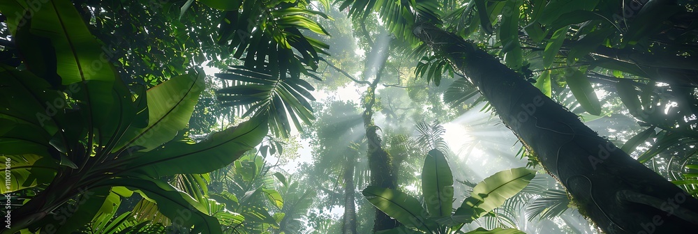 Poster a lush jungle scene with sunlight filtering through dense foliage, creating an ethereal atmosphere o