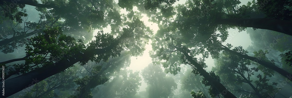 Poster a serene view of a dense forest, showcasing tall trees and soft sunlight filtering through the leave