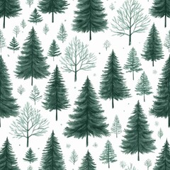 Obraz premium Illustrate a serene winter scene featuring a group of evergreen trees, with the largest tree in the center. Use a minimalist style with detailed line work and a monochromatic green palette. 