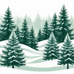 Obraz premium Illustrate a serene winter scene featuring a group of evergreen trees, with the largest tree in the center. Use a minimalist style with detailed line work and a monochromatic green palette. 