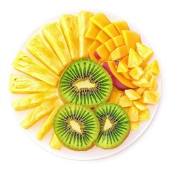 A tropical fruit platter with slices of pineapple, mango, and kiwi