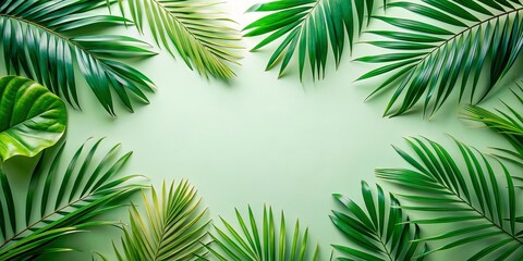 Lush Green Tropical Foliage Arranged in a Frame with a Central Empty Space for Text or Design Elements