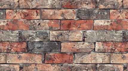 Obraz premium A textured wall made of various brick colors and sizes, featuring a mix of red, gray, and earthy tones, creating a rustic and robust appearance.