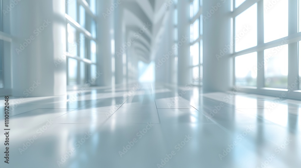Poster a bright, airy corridor with large windows, creating a serene and modern atmosphere filled with soft