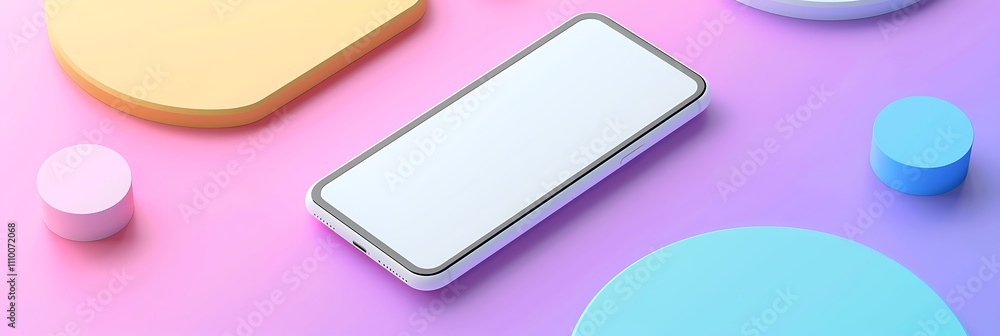 Poster a minimalist smartphone surrounded by colorful geometric shapes on a gradient background.
