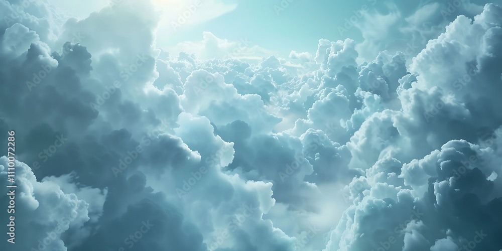 Poster a serene view of fluffy clouds illuminated by soft sunlight, creating a tranquil and dreamy atmosphe