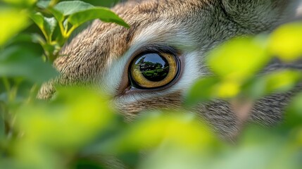 Close-Up of a Rabbit's Eye Surrounded by Green Foliage