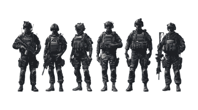 Diverse Group of Soldiers in Tactical Military Gear: Ideal for War and Defense Themes