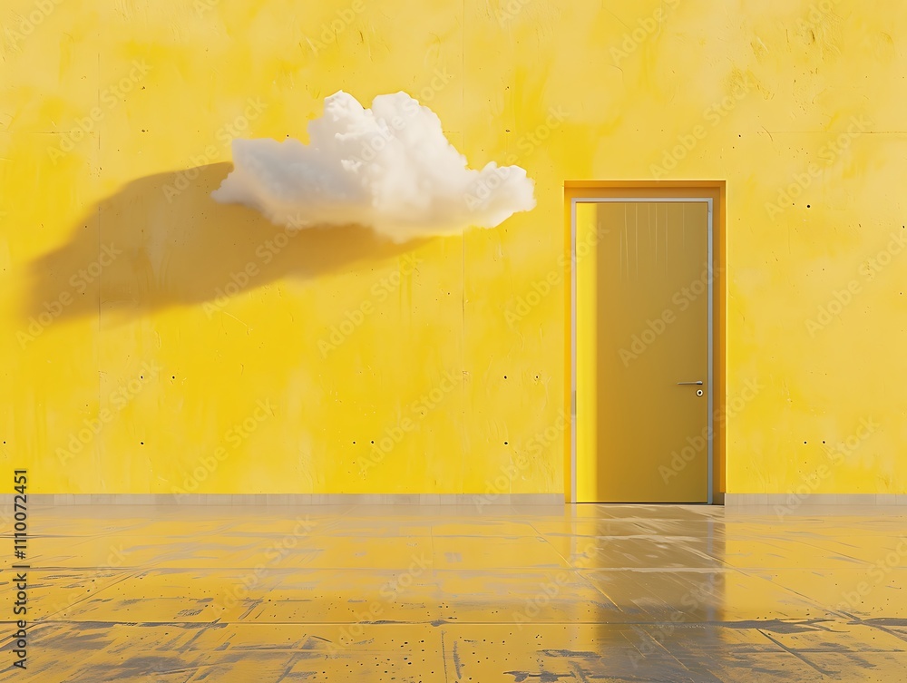 Poster a whimsical yellow wall features a door and a fluffy cloud, creating a surreal and imaginative scene