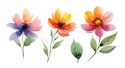 Fototapeta premium Delicate Watercolor Flower and Leaf Set with Branches on White