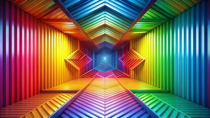 Fototapeta premium Vibrant Rainbow-Colored Corridor with Geometric Wooden Walls and Illuminated Path