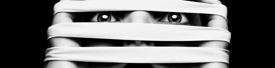 A person with eyes peering through white fabric strips, symbolizing concealment and mystery, captured in a dramatic portrait