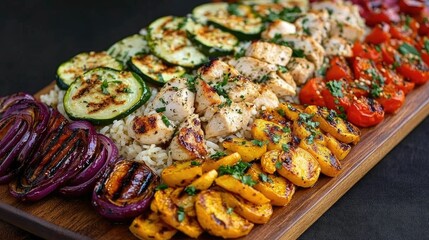 Grilled Vegetables and Chicken Breast on a Wooden Serving Platter
