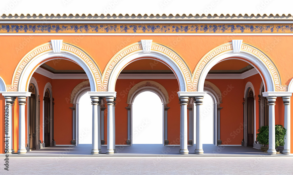Poster a vibrant architectural space featuring arches and columns in a warm color scheme.