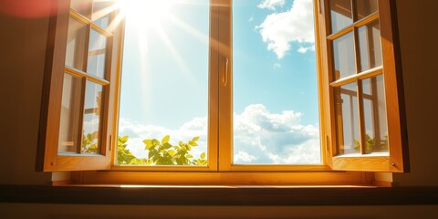 Sunlight streaming through an open window, revealing a breathtaking view of a bright blue sky adorned with fluffy white clouds, and a glimpse of green foliage in the distance.